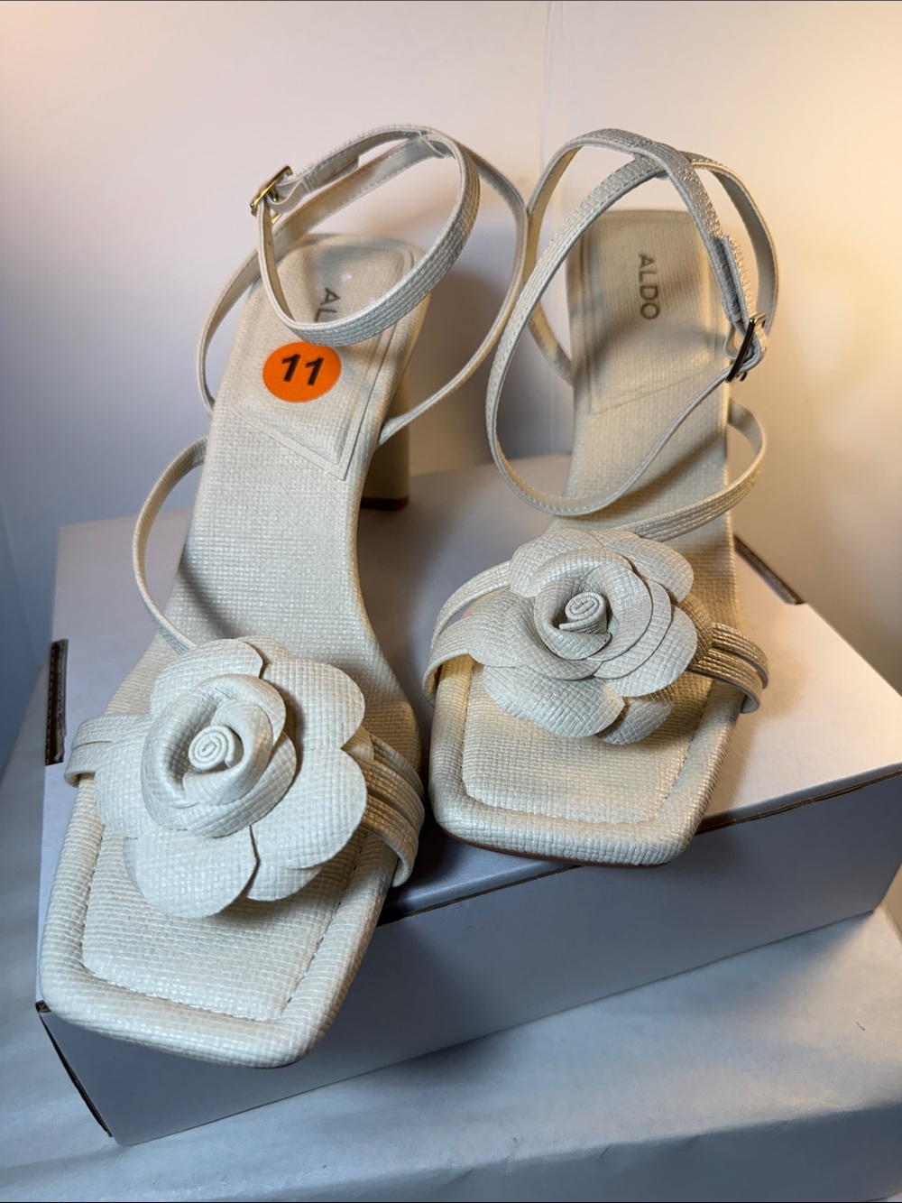 Aldo Cream Floral Applique Strappy Block Heels